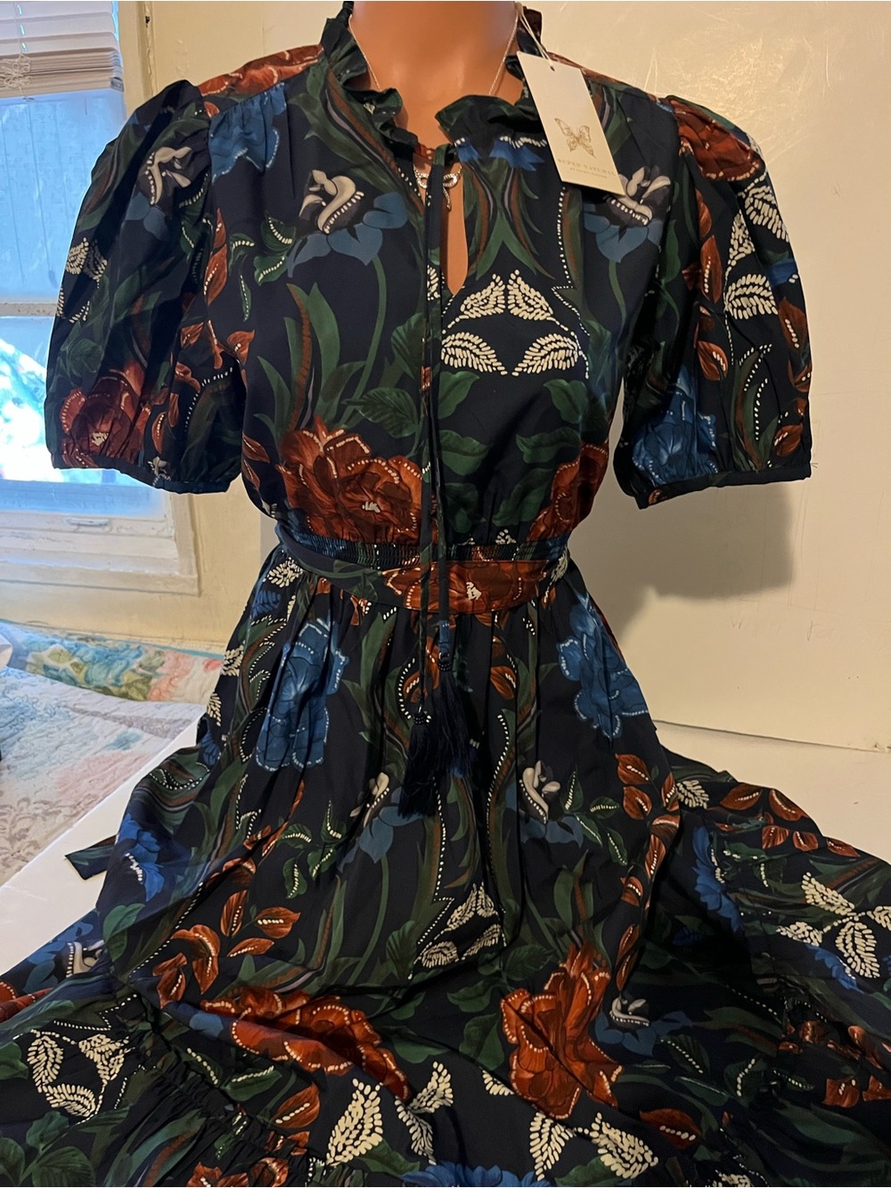 Floral Puff-Sleeve Midi Dress in Navy with Rust and Blue Floral Print
